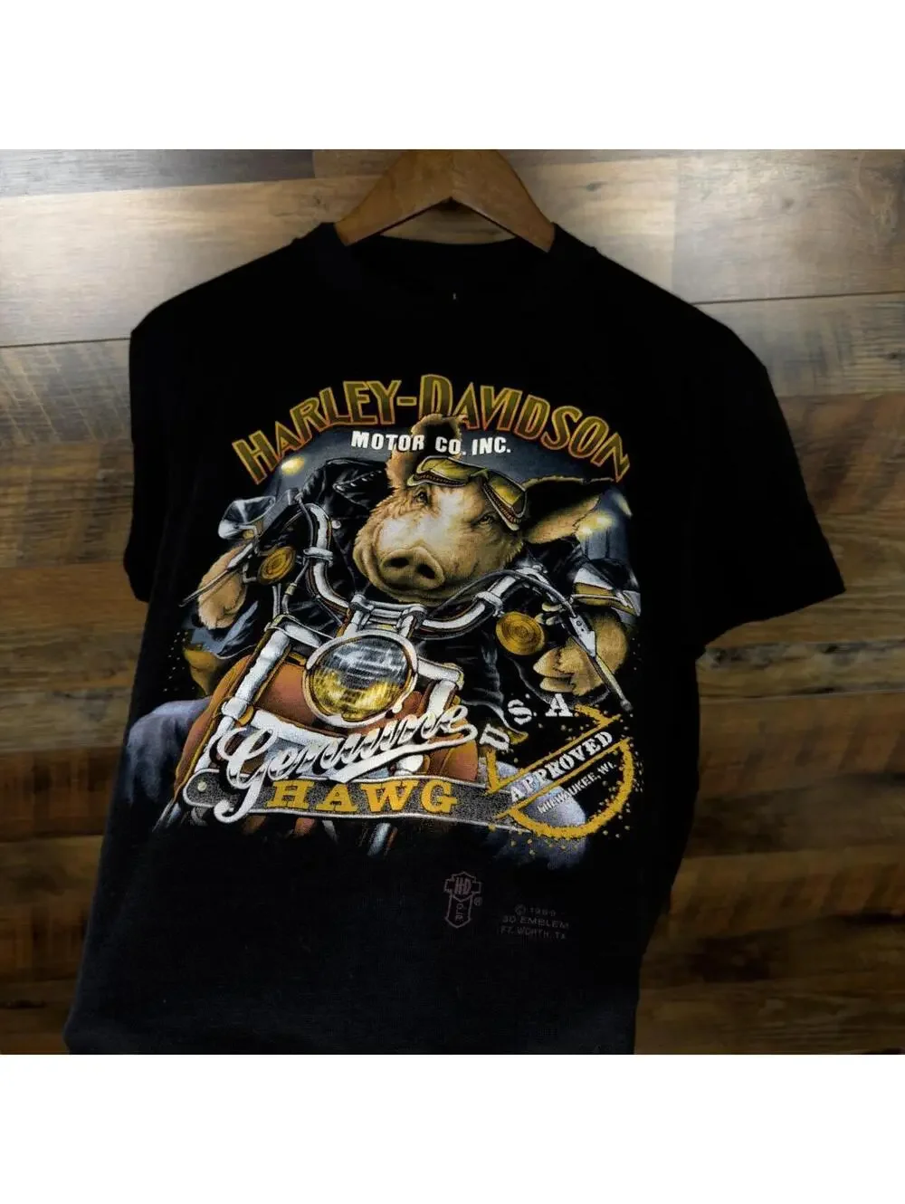 Vintage 1989 Harley Davidson Genuine Hawg 3D Emblem T-Shirt Large Biker Tee